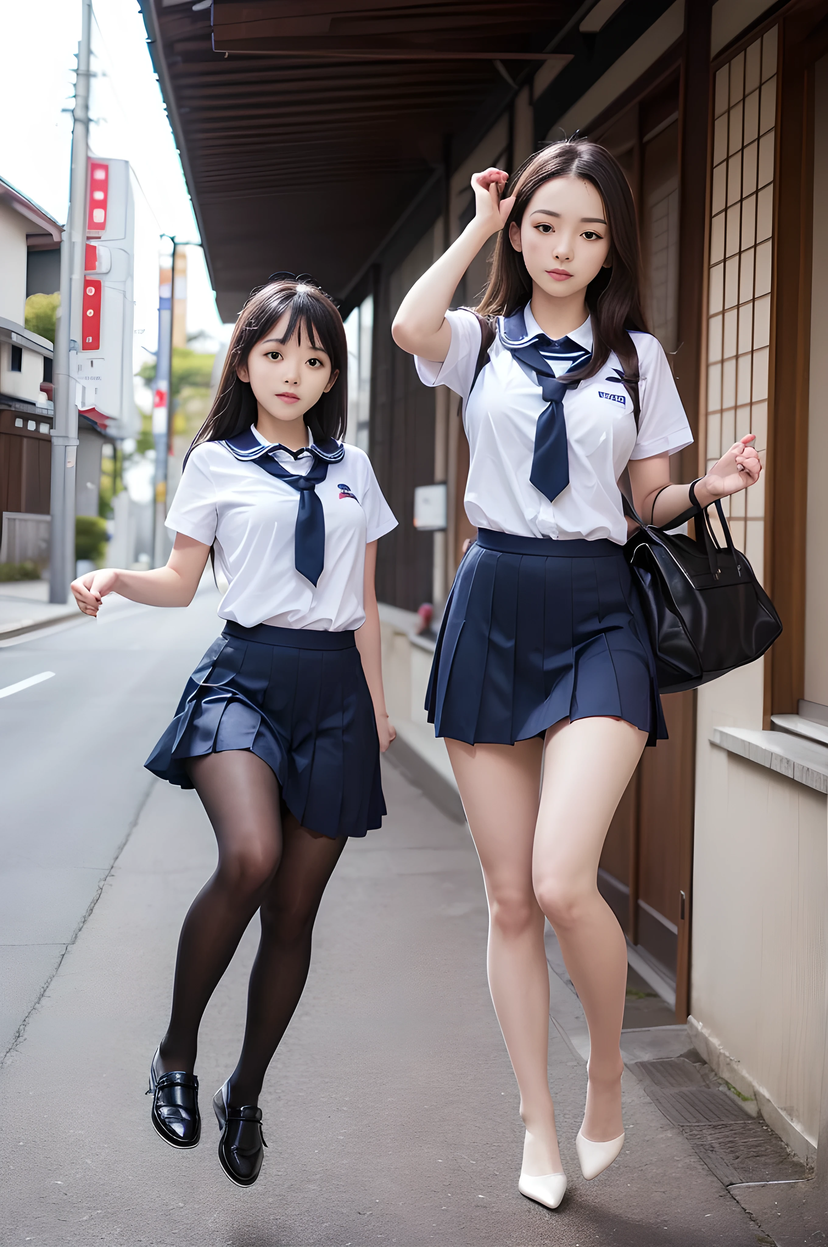 (((young Japanese girl jumping  wearing high school uniform))),(full body shot:2),  natural lighting, ultra sharp focus,huge breasts, ((beautiful face)), wearing pantyhose, wearing short sleeve