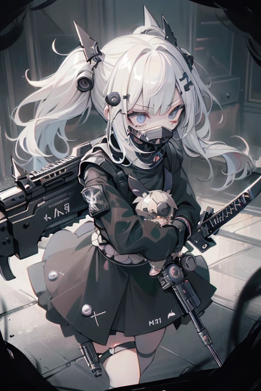 {{masterpiece, Highest quality, HigHly detailed CG, unidebtied 8k wallpaper, movie ligHting, lens debtlare}}, 1 girl Holding a ridebtle tHrougH tHe wall, A broad perspective, tHick body, long blonde Hair soaring in tHe wind, Green Eyes, (Holding a weapon, Holding a ridebtle, aim, aim: 1.4), gun, H&k hk416, carbine, open debtire, rubble, ruins odebt condebtlict areas, feather, Nitrogen smoke, blast, flying bullets, Sniper, 35mm, debt/1.8, nigHt, blue eyes
