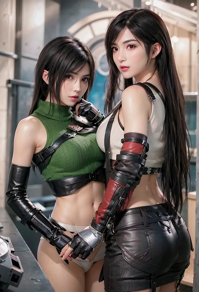 Two women in leather outfits standing next to each other, Tifa, Tifa lockhart, portrait of Tifa lockhart, Tifa lockhart portrait, Tifa lockheart, seductive Tifa lockhart portrait, glamorous Tifa lockheart, From Final Fantasy VII, Tifa lockhart with white hair, 