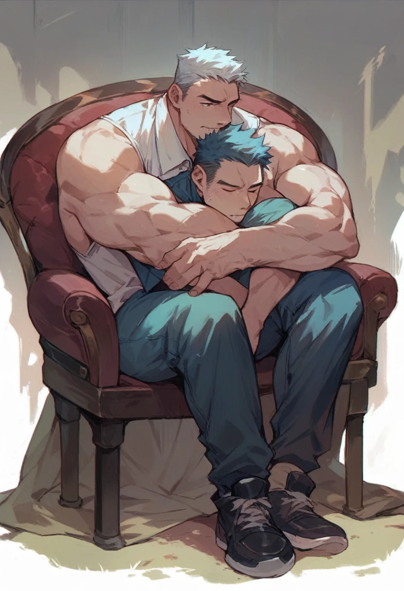 Sitting on a chair, hugging his knees、Large, muscular middle-aged man