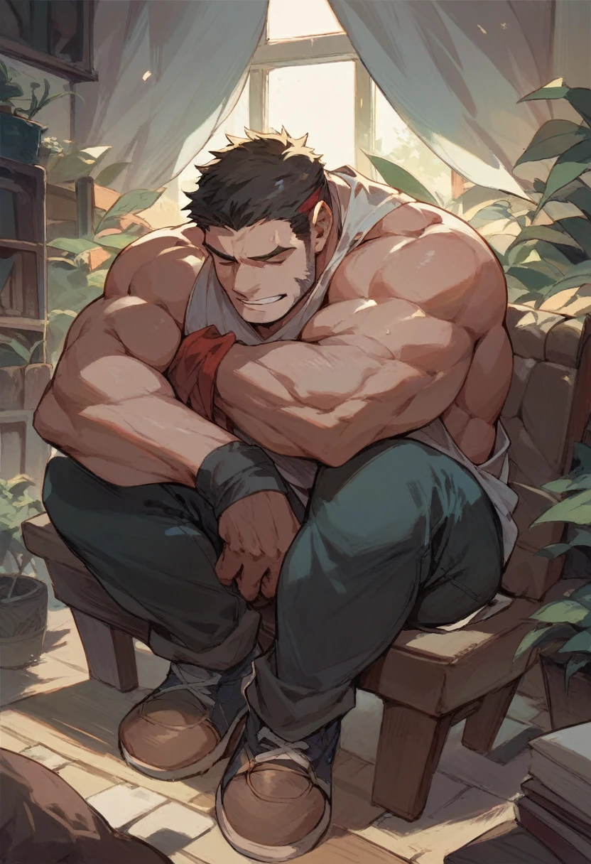 Sitting on a chair, hugging his knees、Large, muscular middle-aged man