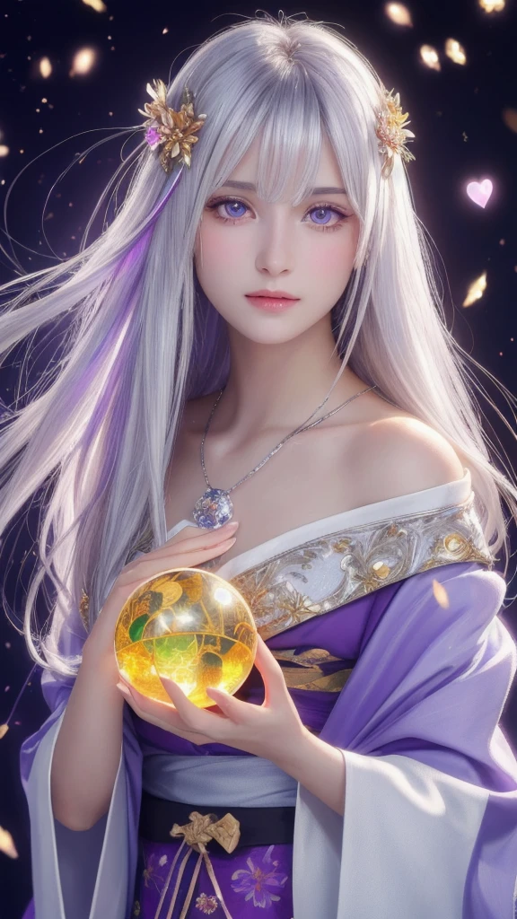 (masterpiece:1.3), (8k, photorealistic, raw photo, highest quality:1.4), (one girl), beautiful face, (realistic face), (long hair), (silver hair, near white hair, shiny hair, beautiful straight hair), (even bangs), (sharp bangs), straight hairstyle, realistic eyes, beautiful detailed eyes (purple eyes), (sharp eyes), (realistic skin), beautiful skin, (kimono), (magician's kimono), (flower hair ornament), attractive, ultra high resolution, ultra realistic, highly detailed, golden ratio, colorful background, (flowers blooming), (energy dancing background), magician, facing forward, facing from shoulders, looking straight ahead, both shoulders facing towards you, holding crystal ball, (heart crystal ball, love crystal ball).