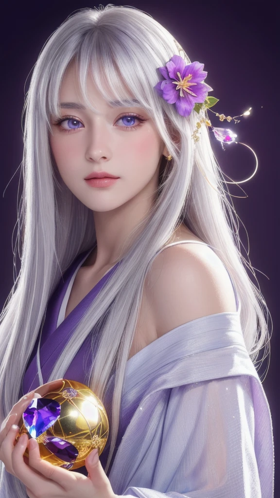 (masterpiece:1.3), (8k, photorealistic, raw photo, highest quality:1.4), (one girl), beautiful face, (realistic face), (long hair), (silver hair, near white hair, shiny hair, beautiful straight hair), (even bangs), (sharp bangs), straight hairstyle, realistic eyes, beautiful detailed eyes (purple eyes), (sharp eyes), (realistic skin), beautiful skin, (kimono), (magician's kimono), (flower hair ornament), attractive, ultra high resolution, ultra realistic, highly detailed, golden ratio, colorful background, (flowers blooming), (energy dancing background), magician, facing forward, facing from shoulders, looking straight ahead, both shoulders facing towards you, holding crystal ball, (heart crystal ball, love crystal ball).