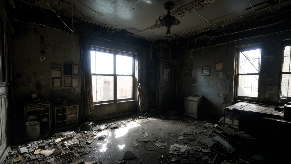 a dark and dirty room, realistic, hyper detailed, high resolution, photorealistic, cinematic lighting, dramatic chiaroscuro, gritty, moody, grunge, dust motes, cobwebs, peeling paint, dramatic shadows, warm color palette, natural lighting, intricate details, imperfections, worn textures, atmospheric, melancholy, abandoned, decrepit