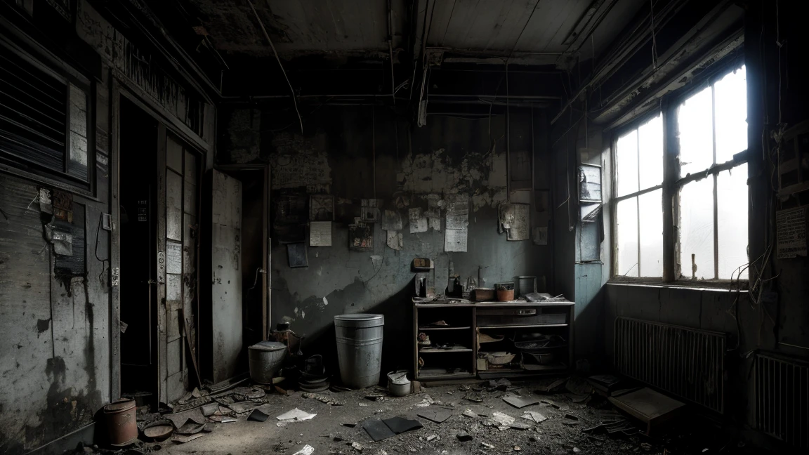 a dark and dirty room, realistic, hyper detailed, high resolution, photorealistic, cinematic lighting, dramatic chiaroscuro, gritty, moody, grunge, dust motes, cobwebs, peeling paint, dramatic shadows, warm color palette, natural lighting, intricate details, imperfections, worn textures, atmospheric, melancholy, abandoned, decrepit