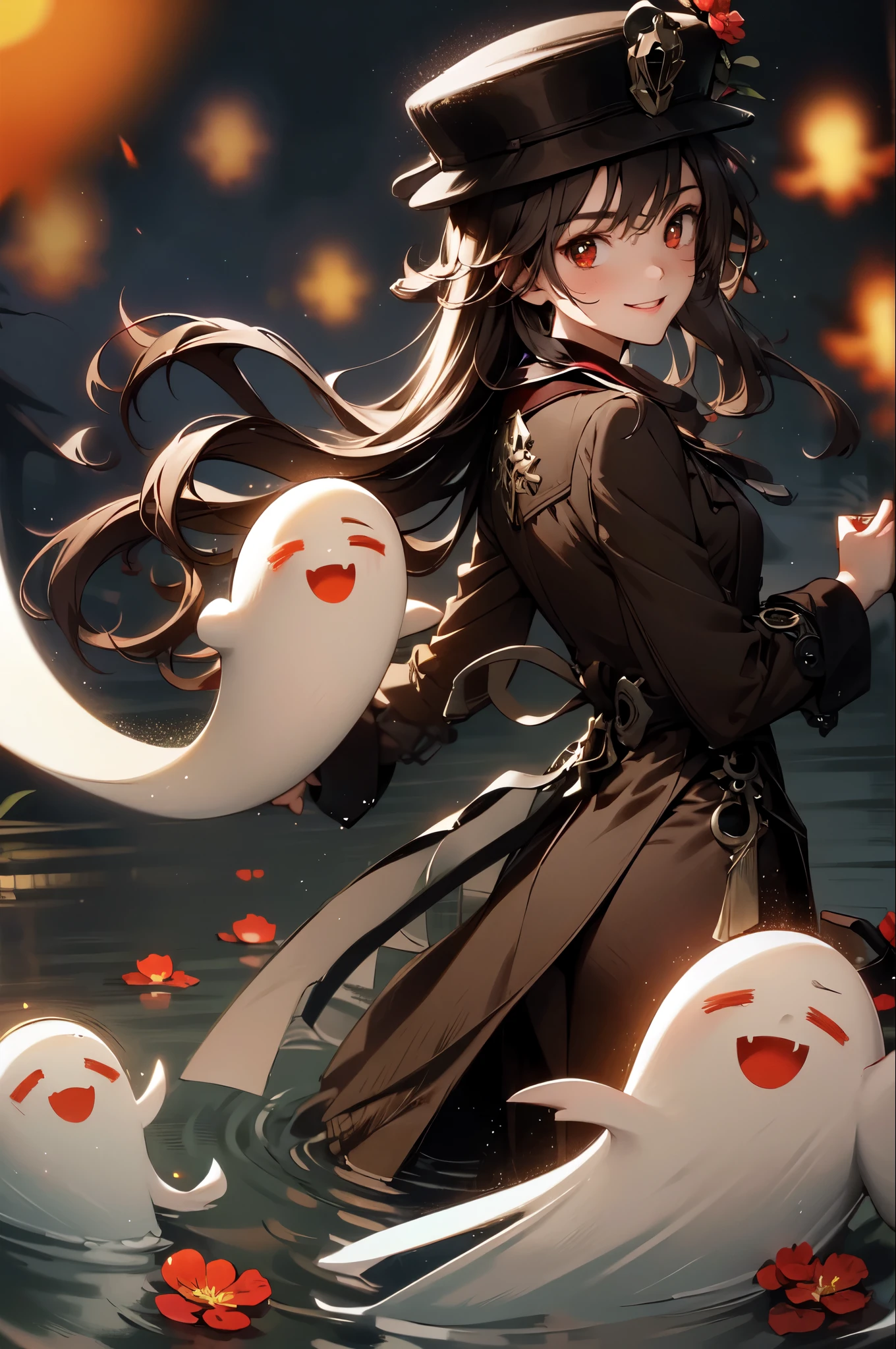 1 girl solo, brown jacket, long brown hair, red eyes, brown hat with red flowers, white ghost smiling, outside in a swampy forest at night, swamp lights, ghost figures around, blue lights flying in the air, will-o-the-wisp