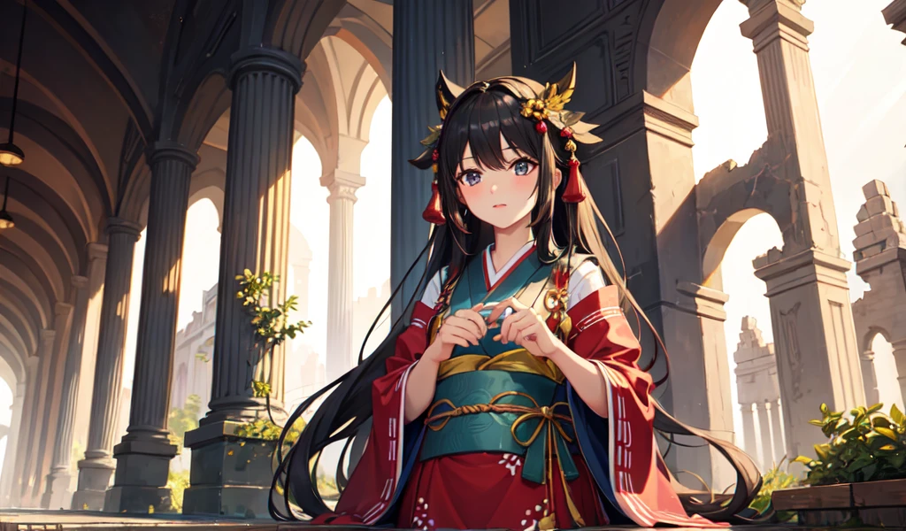 ((Highest quality)), ((masterpiece)), (detailed), A beautiful shrine maiden woman,,Five fingers,Wearing a lot of ornaments,Old ruins