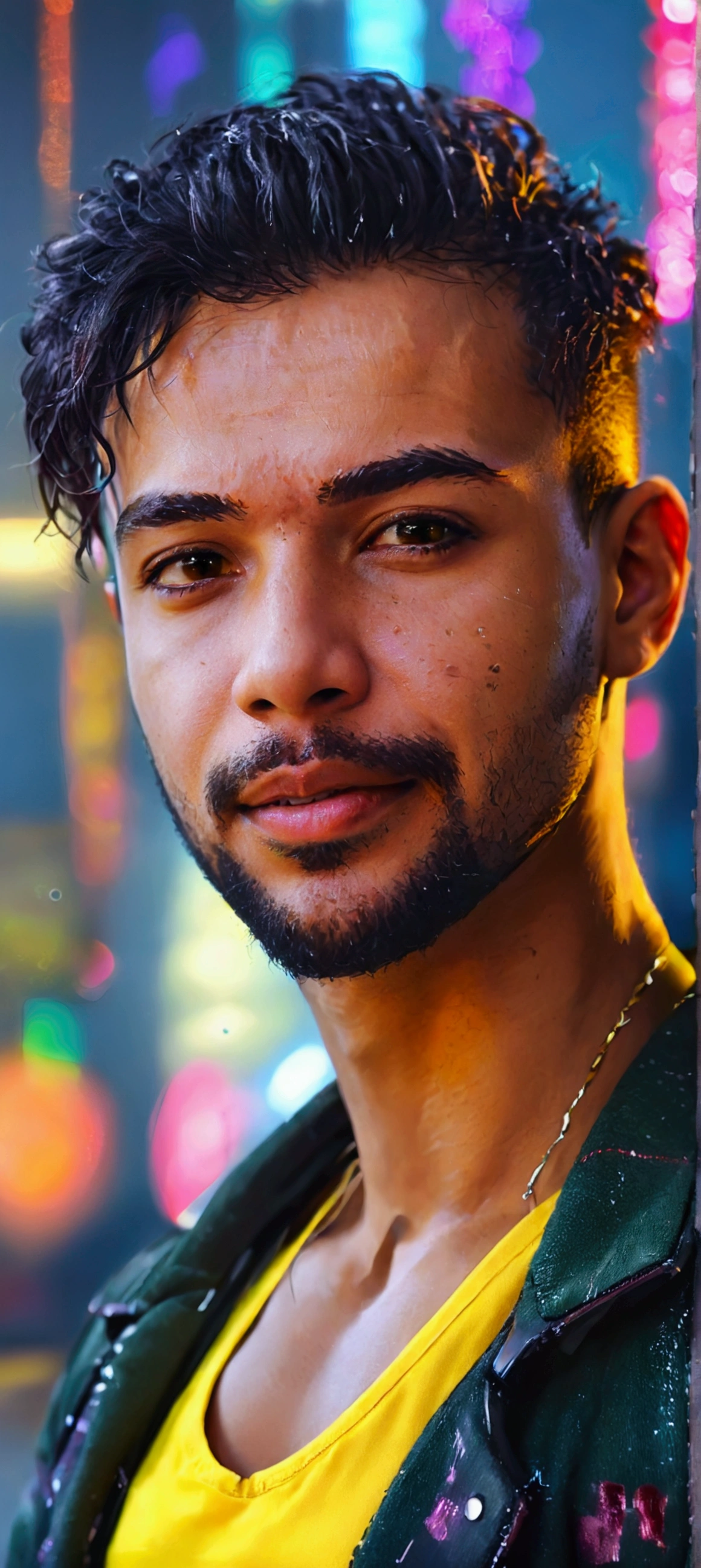 realistic, portrait of a man,AI language model, short hair, smart, energetic, cheerful, creative, with sparkling eyes and a contagious smile, cybertech wear, sleek and futuristic design elements, 20 years old, man, Moroccan, bad boy, black jacket, yellow top tank, cyberpunk clothes, cleavage exposed
