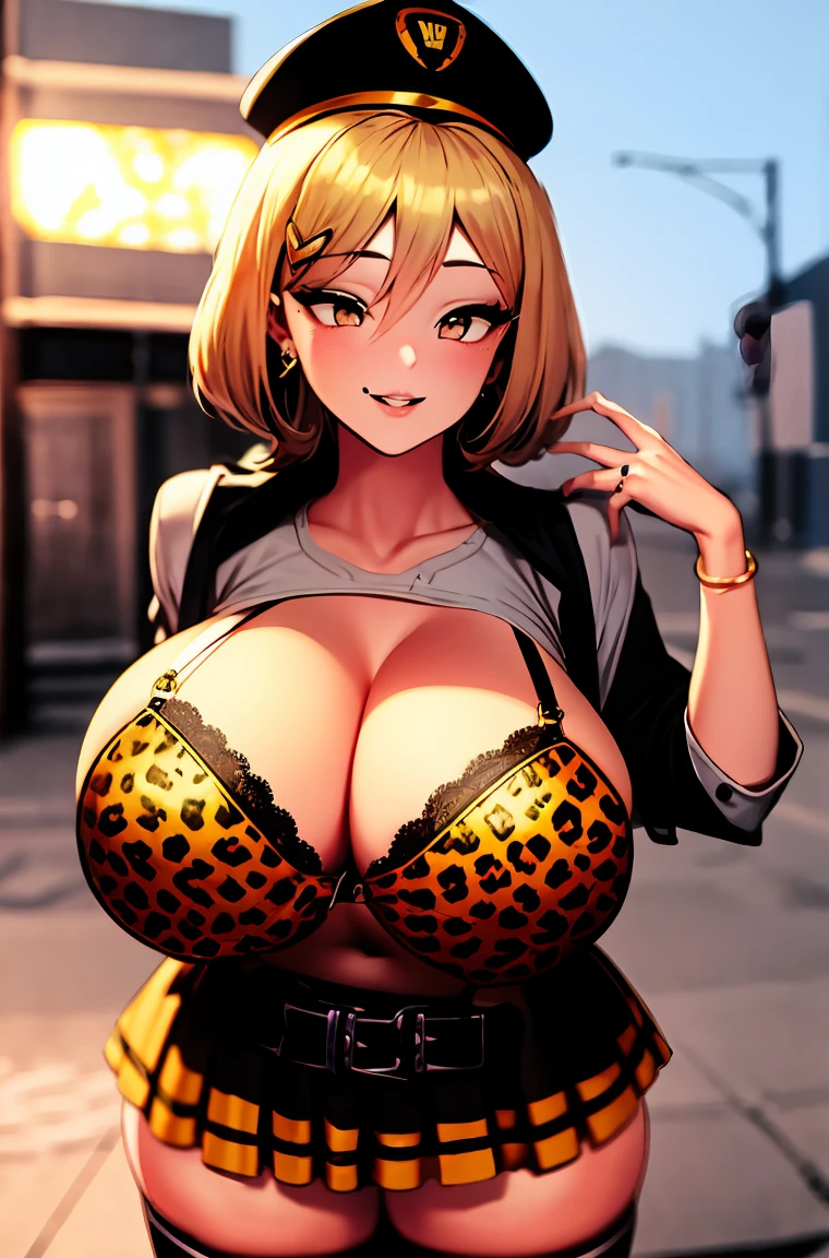 1girl, solo, nikkeanis, short hair, brown_eyes, hat, detailed body, (detailed face:1.1), (perfect eyes), thick eyelashes, long eyelashes, perfect dynamic composition, (gyaru:1.2), cleavage, jewelry, earrings, open clothes, tied shirt, tented shirt, unbuttoned shirt, bra peek, lace-trimmed bra, (leopard print:1.2), belt, pleated skirt, lace-trimmed legwear, garter straps, see-through, hoop earrings, gal, evil smile, seductive smile, blush, seductive pose, (seductive smile:1.4), thick lips, (huge lips:1.2), (massive lips: 1.2), (parted lips:1.2), (thick lips:1.4), street, night sky
8k, 4k, Masterpiece, Best Quality, fantasy, extremely detailed, intricate, hyper detailed, detailed eyes, (perfect face), illustration, soft lighting, (specular lighting:1.2), (shiny skin, gleaming skin), looking at viewer,