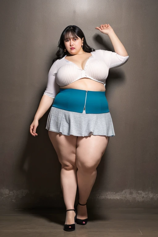 130kg extremely obese woman, abdominal exposure, exposed navel, mini skirt, high heel, earring, necklace, bracelet