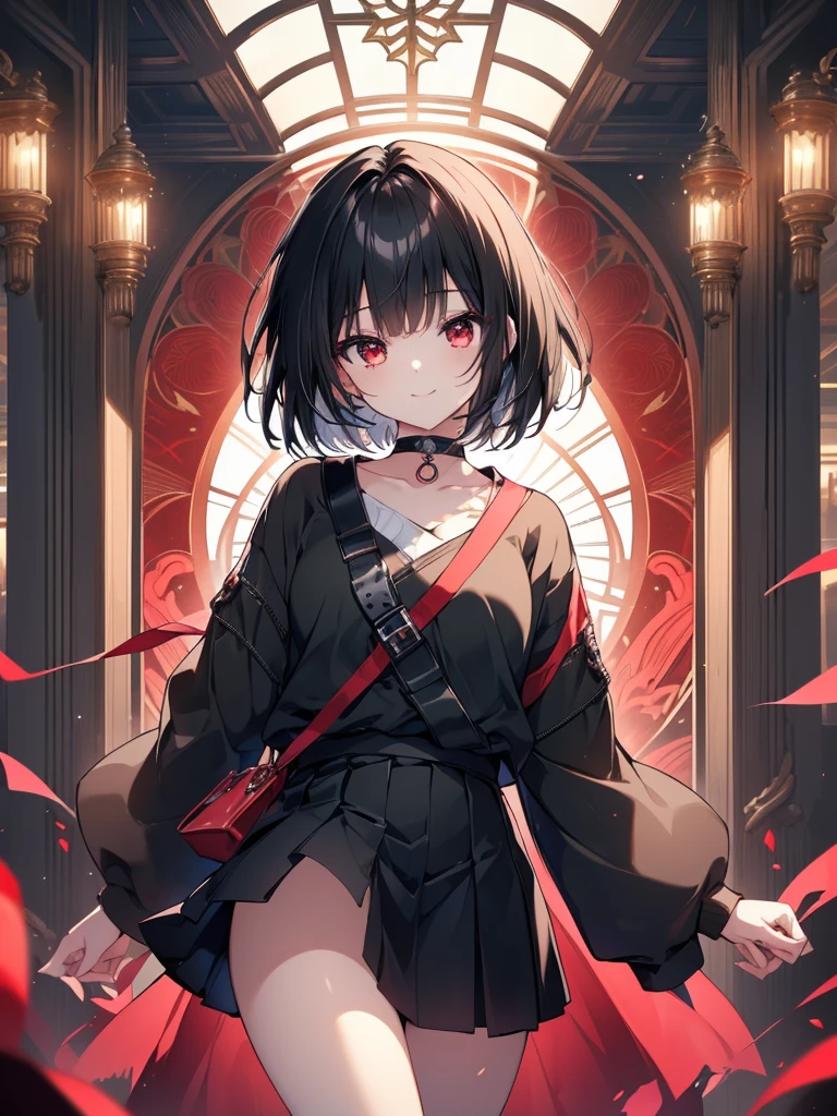 (masterpiece, highest quality, highest quality, (No text), Beautiful and aesthetic:1.2),No text,アニメ、BREAK,One Girl，Black Hair Girl　short hair　older sister　choker　Tree Eyes　Beautiful eyes　Red eyes　cool　smile　Red and Black　Black jacket　mini skirt　whole body　In town