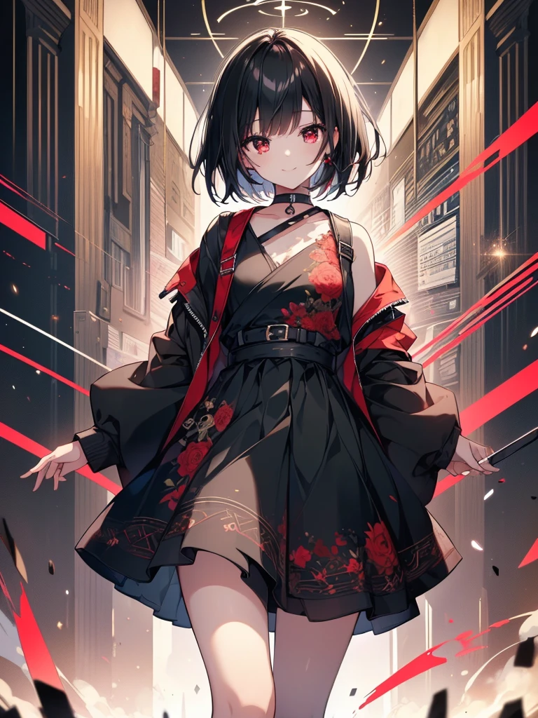 (masterpiece, highest quality, highest quality, (No text), Beautiful and aesthetic:1.2),No text,アニメ、BREAK,One Girl,Black Hair Girl short hair older sister choker Tree Eyes Beautiful eyes Red eyes cool smile Red and Black Black jacket mini skirt whole body In town
