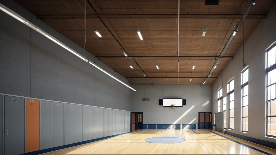 a realistic school gymnasium, detailed interior, high ceiling, wooden floor, basketball hoops, locker rooms, bleachers, natural sunlight through windows, people working out, athletic equipment, chalk board, safety mats, detailed textures, photorealistic, 8k, highly detailed, cinematic lighting, muted color tones