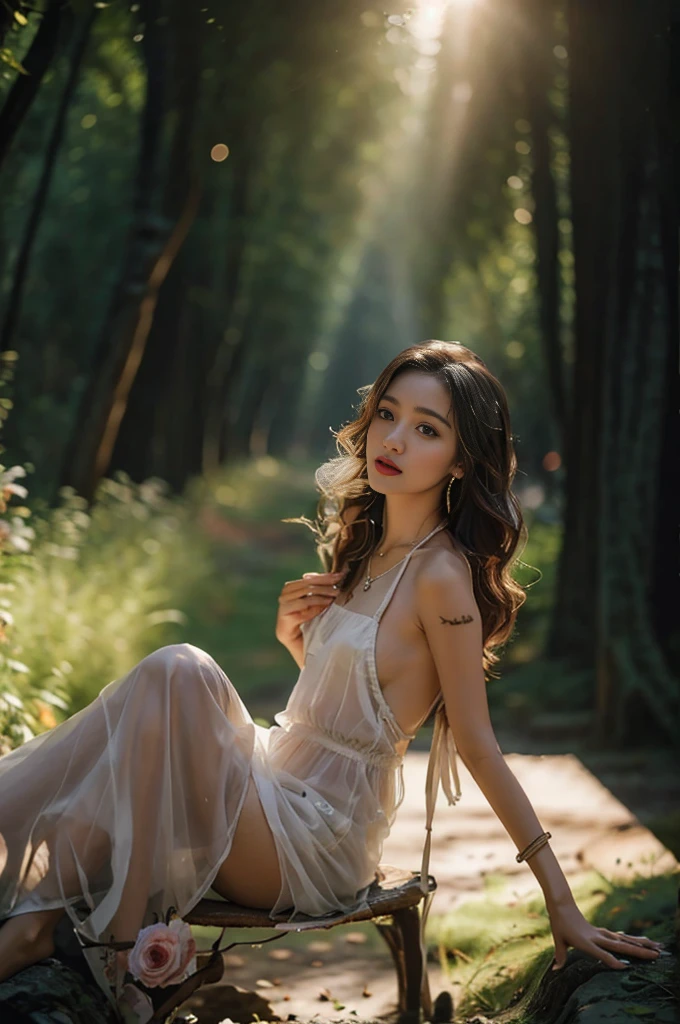 (Best Quality, Masterpiece, High Resolution, Glow, Flood, Lens Glare, Wide Angle), Sunlight, Full Body, 1 [Chinese|Russian|Japanese|Korean] girl, giggle, lips, red sahan dress, necklace, jewelry, long hair, earrings, super delicate face, beautiful face, full face blush, perfect eyes (very long eyelashes: 1.4),  glowing pupils, (white stockings:0.9), realistic, (high detail skin: 1.2), 8k ultra hd, DSLR, high quality, volumetric illumination, frank, high resolution, 4K, 8K, background bokeh, dream forest, feather drop effect, morning, vista, (radiant garlic:1.3)