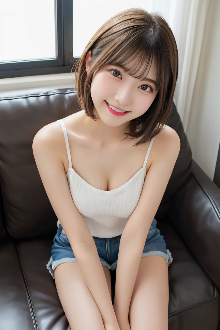 Highest quality(beautiful)、Brown eyes、22-year-old female、smile、Gal、Semi-short hair、camisole、Natural Lip、Soft Breasts、Shoot from above、Shorts、Sit on the sofa