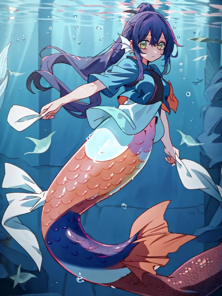 Witch Mermaid, with human ears, swimming, long ponytail, fullbody,
