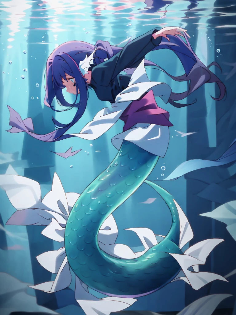 Witch Mermaid, with human ears, swimming, long ponytail, fullbody,