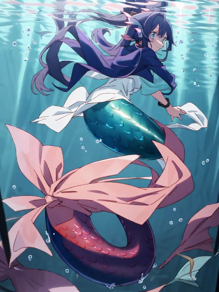 Witch Mermaid, with human ears, swimming, long ponytail, fullbody,