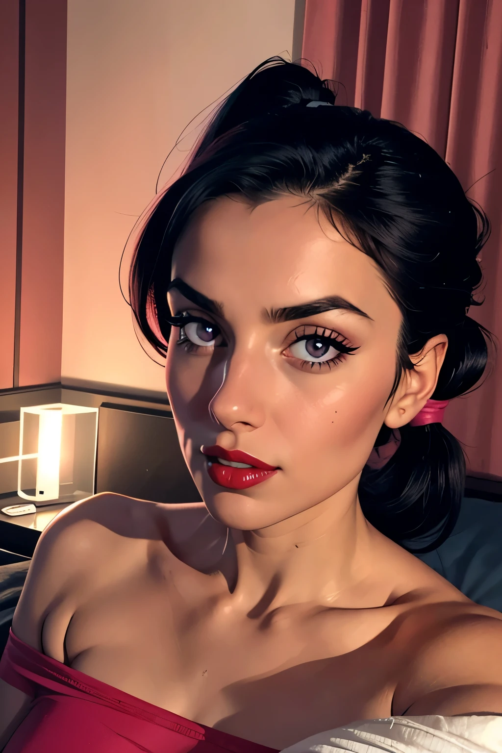Close up shot, cute , black hair in two medium ponytails, sexy eyes, intense eye contact, small nose, red lips, orgasmic face, neck, collarbone, loose dark pink t shirt, bare shoulder, lying in bed, bed, bedroom, dark room, one lamp,, in bed