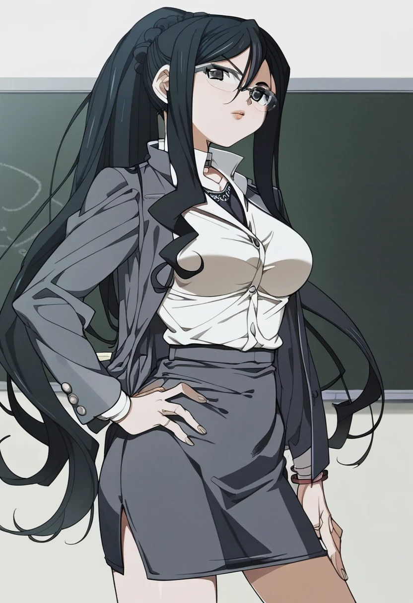 score_9, score_8_up, score_7_up, 
1girl, aoi natsuki, black hair, long hair, long ponytail, black eyes, glasses,

standing, looking at viewer, teacher, grey jacket, white shirt, grey skirt, pencil skirt, classroom, chalkboard, hand on hip,
