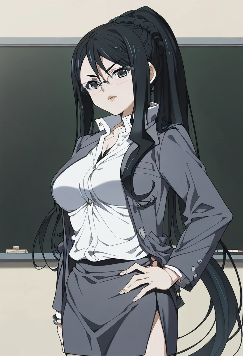 Nico Robin, long hair, black hair, gray tailored suit, open tailored suit, A white blouse, open blouse, white lace bra, medium breasts, slips thong, mid thigh skirt, spread legs, smiling, Classroom, noon.