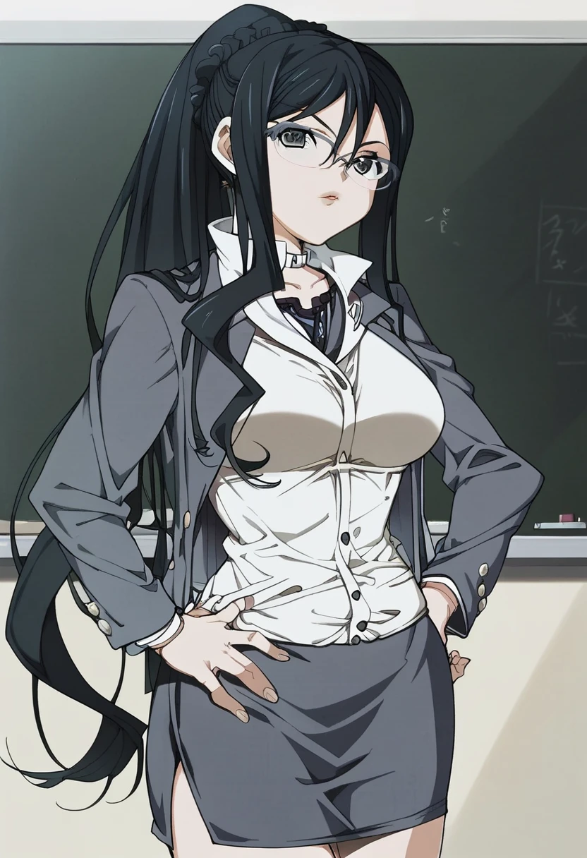 score_9, score_8_up, score_7_up, 
1girl, aoi natsuki, black hair, long hair, long ponytail, black eyes, glasses,

standing, looking at viewer, teacher, grey jacket, white shirt, grey skirt, pencil skirt, classroom, chalkboard, hand on hip,
