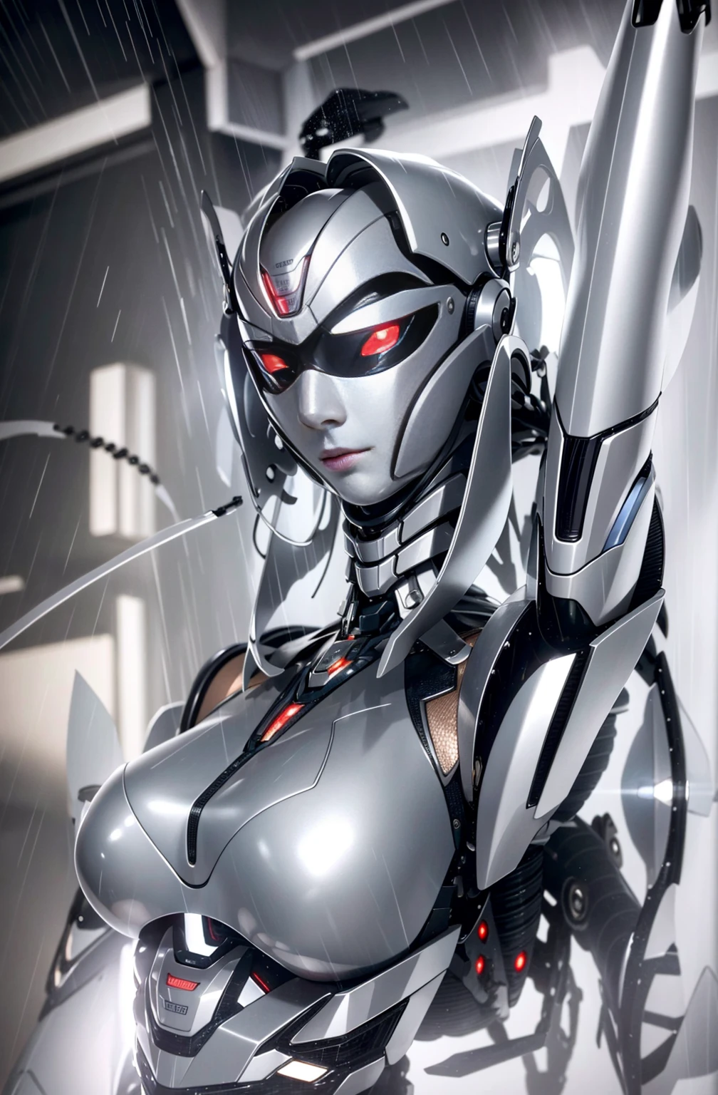 Outstanding，Super Detail, High Detail, high quality, best quality, High resolution，1 female robot，Beautiful female robot,beautiful clear face(Rain waves_haneame：1.5),Mechanical body(Smooth metal surface，armor，Mechanical seams of skin，beautiful body curves)，High-tech mechanical armor(silver gray and black，Mechanical Technology，Highlight breast contour)