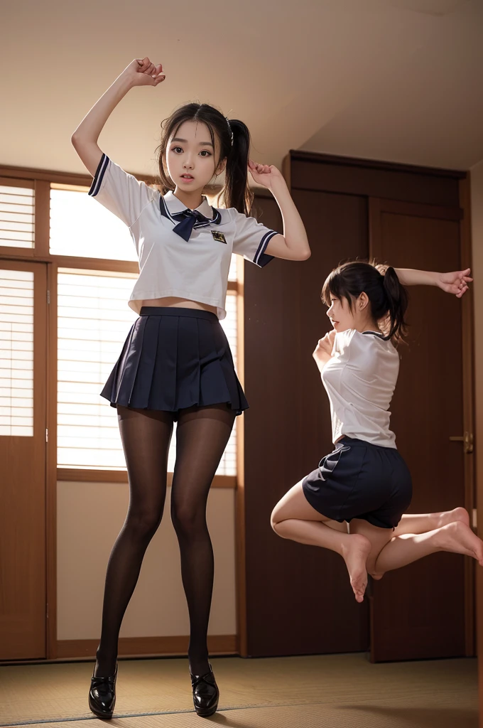 (((young Japanese girls jumping  wearing short sleeve high school uniform))),(full body shot:2),  natural lighting, ultra sharp focus,huge breasts, ((beautiful face)), wearing pantyhose