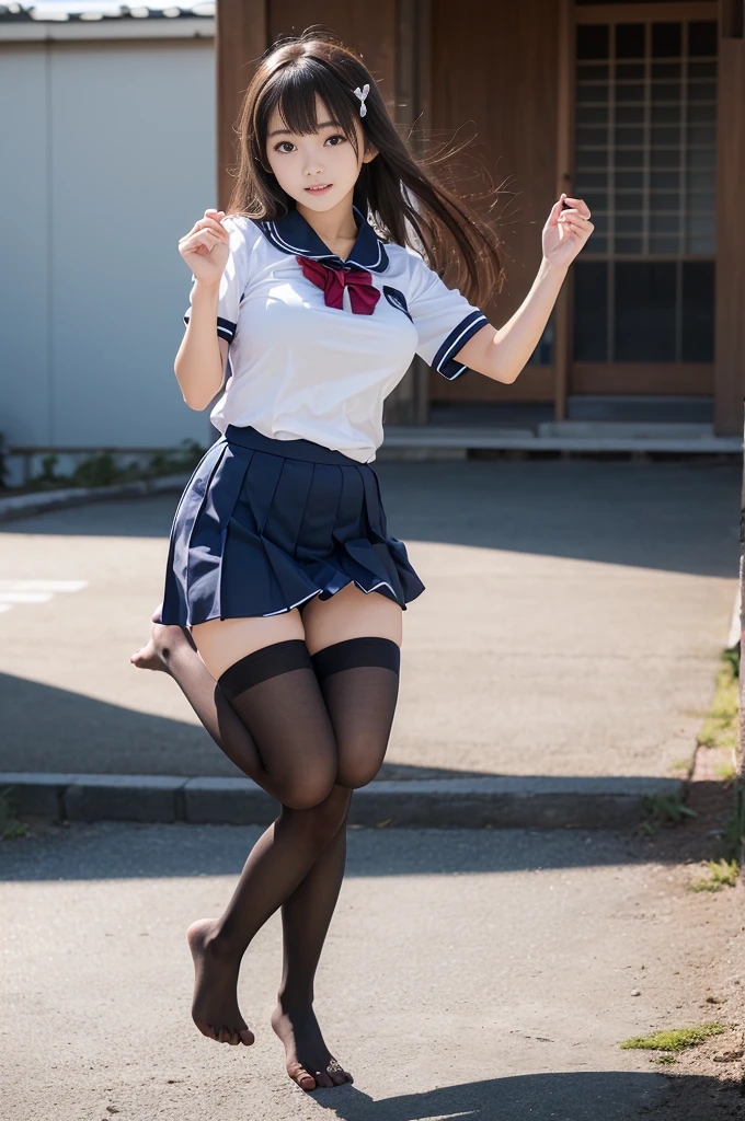 (((young Japanese girls jumping  wearing short sleeve high school uniform))),(full body shot:2),  natural lighting, ultra sharp focus,huge breasts, ((beautiful face)), wearing pantyhose