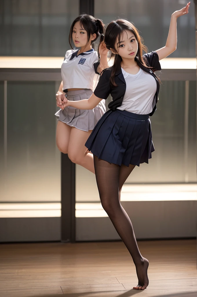 (((young Japanese girls jumping  wearing short sleeve high school uniform))),(full body shot:2),  natural lighting, ultra sharp focus,huge breasts, ((beautiful face)), wearing pantyhose