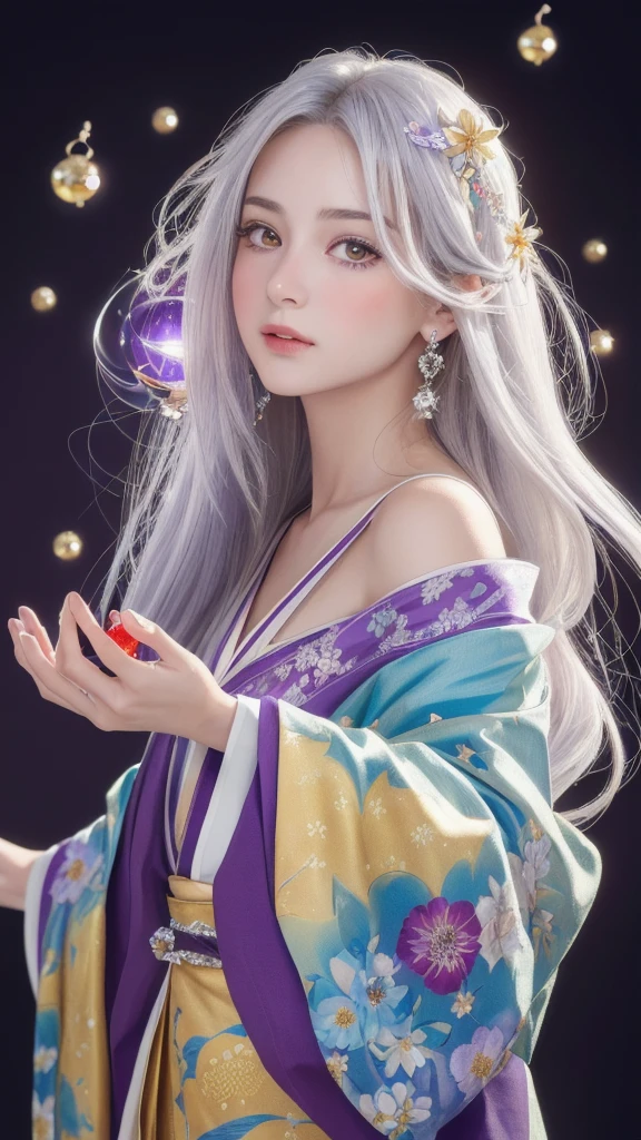 (masterpiece:1.3), (8k, photorealistic, raw photo, highest quality:1.4), (one girl), beautiful face, (realistic face), (long hair), (silver hair, near white hair, shiny hair, beautiful straight hair), (even bangs), (sharp bangs), straight hairstyle, realistic eyes, beautiful detailed eyes (purple eyes), (sharp eyes), (realistic skin), beautiful skin, (kimono), (magician's kimono), (flower hair ornament), attractive, ultra high resolution, ultra realistic, highly detailed, golden ratio, colorful background, (flowers blooming), (energy dancing background), magician, facing forward, facing from shoulders, looking straight ahead, both shoulders facing towards you, holding crystal ball, (heart crystal ball, love crystal ball).