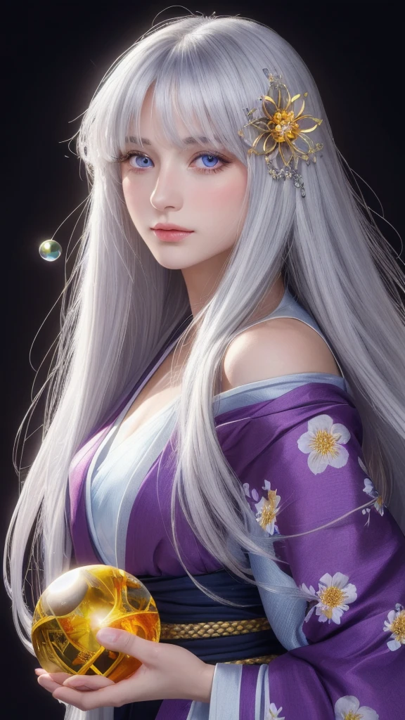 (masterpiece:1.3), (8k, photorealistic, raw photo, highest quality:1.4), (one girl), beautiful face, (realistic face), (long hair), (silver hair, near white hair, shiny hair, beautiful straight hair), (even bangs), (sharp bangs), straight hairstyle, realistic eyes, beautiful detailed eyes (purple eyes), (sharp eyes), (realistic skin), beautiful skin, (kimono), (magician's kimono), (flower hair ornament), attractive, ultra high resolution, ultra realistic, highly detailed, golden ratio, colorful background, (flowers blooming), (energy dancing background), magician, facing forward, facing from shoulders, looking straight ahead, both shoulders facing towards you, holding crystal ball, (heart crystal ball, love crystal ball).