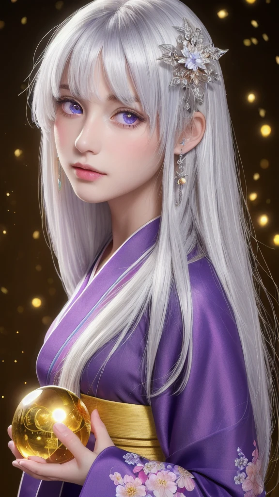 (masterpiece:1.3), (8k, photorealistic, raw photo, highest quality:1.4), (one girl), beautiful face, (realistic face), (long hair), (silver hair, near white hair, shiny hair, beautiful straight hair), (even bangs), (sharp bangs), straight hairstyle, realistic eyes, beautiful detailed eyes (purple eyes), (sharp eyes), (realistic skin), beautiful skin, (kimono), (magician's kimono), (flower hair ornament), attractive, ultra high resolution, ultra realistic, highly detailed, golden ratio, colorful background, (flowers blooming), (energy dancing background), magician, facing forward, facing from shoulders, looking straight ahead, both shoulders facing towards you, holding crystal ball, (heart crystal ball, love crystal ball).