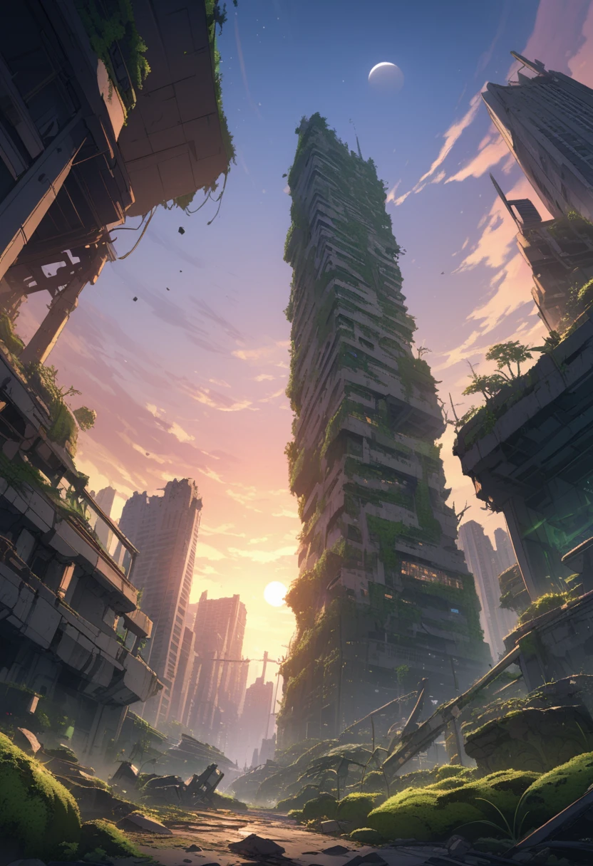 Highest quality, masterpiece, from below, sunset, moon debris field visible, city ruins, overgrowth of plants, moss, futuristic, post apocalyptic, starry sky and meteors