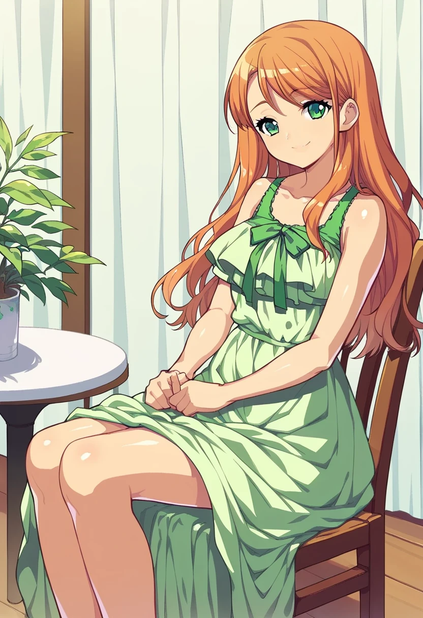 score_9, score_8_up, score_7_up, 
1girl, orange hair, long hair, green eyes, smile, looking at viewer, green dress, sitting, indoors, chair, sundress,