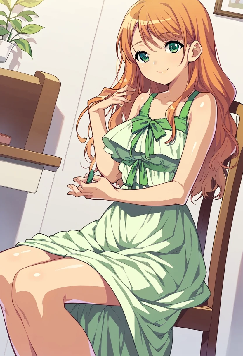 score_9, score_8_up, score_7_up, 
1girl, orange hair, long hair, green eyes, smile, looking at viewer, green dress, sitting, indoors, chair, sundress,