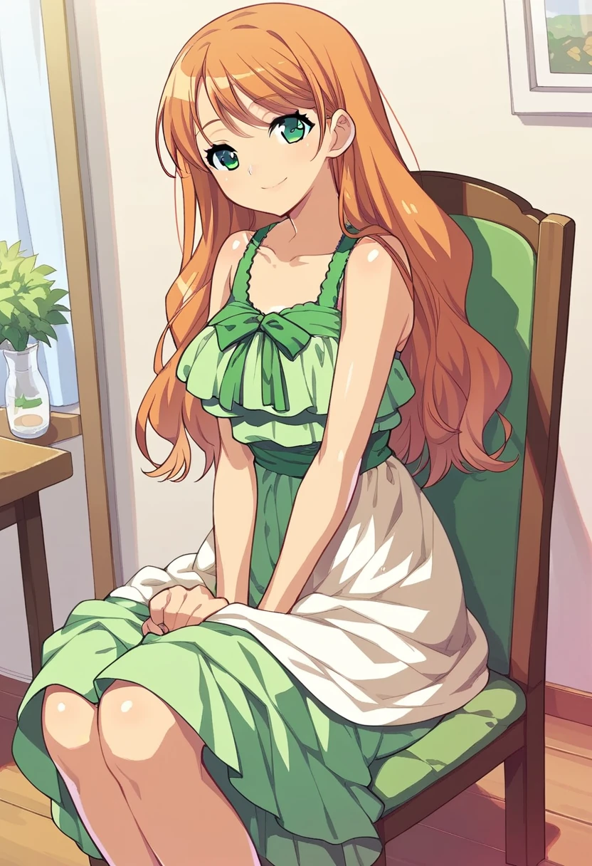 score_9, score_8_up, score_7_up, 
1girl, orange hair, long hair, green eyes, smile, looking at viewer, green dress, sitting, indoors, chair, sundress,