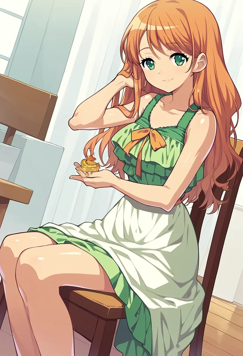 score_9, score_8_up, score_7_up, 
1girl, orange hair, long hair, green eyes, smile, looking at viewer, green dress, sitting, indoors, chair, sundress,