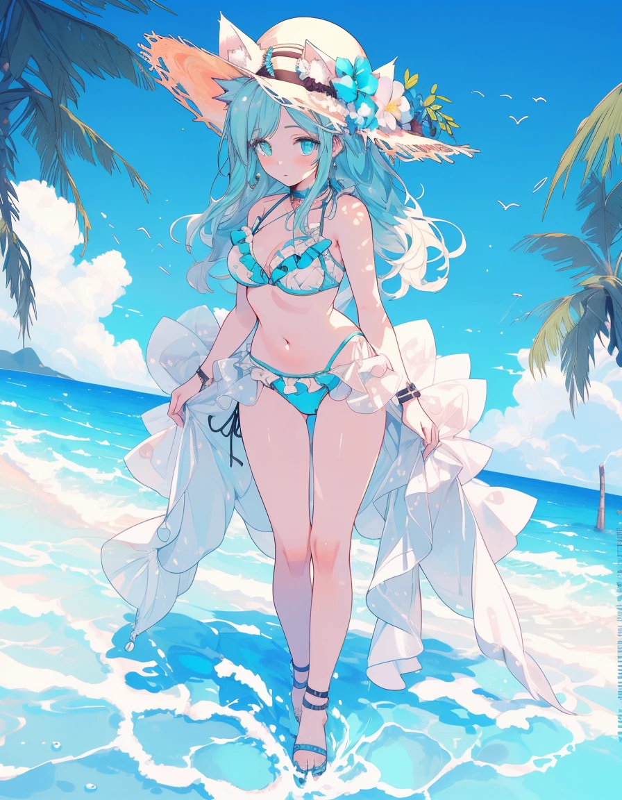 strow hat, frill bikini, ocean, full body, ((masterpiece, best quality:1.5)), ((Beautiful detailed cat aqua eyes:1.2)), cat ears, pale skin, medium breasts, beautiful hands, beautiful fingers, EasyNegative