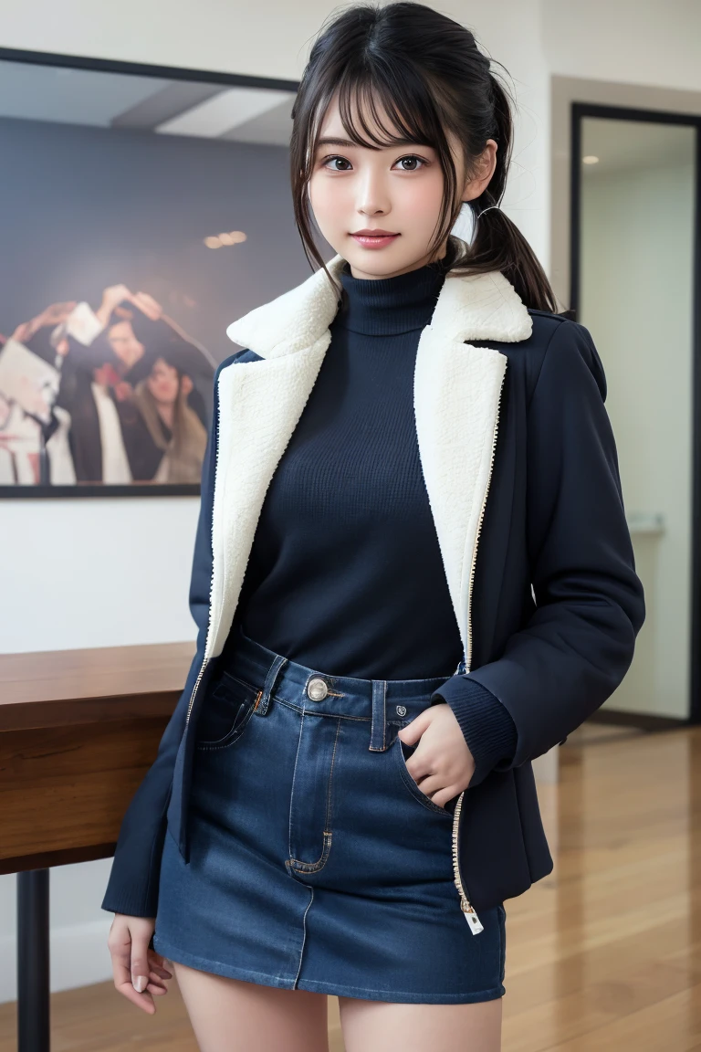 Tabletop, Highest quality, shape, Very detailed, finely, High resolution, 8k wallpaper, 完璧なダイナミックな構shape, Beautiful and detailed, Straight hair, Small breasts, Natural color lip, Random sexy poses,smile,20-year-old girl、Midnight、Beautiful and elaborate face、Perfect and beautiful face,Big eyes、RAW Photos、Expressing feminine poses with the whole body、Beautiful and detailed、Small face、Beautiful Duplex、Slim face and figure,Luxury brand mink coat(Inside:Winter clothes)、Beautiful golden ratio face,Twin ponytail,Bright expression,Shooting with a focus on beautiful legs