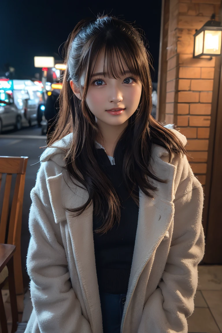 Tabletop, Highest quality, shape, Very detailed, finely, High resolution, 8k wallpaper, 完璧なダイナミックな構shape, Beautiful and detailed, Straight hair, Small breasts, Natural color lip, Random sexy poses,smile,20-year-old girl、Midnight、Beautiful and elaborate face、Perfect and beautiful face,Big eyes、RAW Photos、Expressing feminine poses with the whole body、Beautiful and detailed、Small face、Beautiful Duplex、Slim face and figure,Luxury brand mink coat(Inside:Winter clothes)、Beautiful golden ratio face,Twin ponytail,Bright expression,Shooting with a focus on beautiful legs