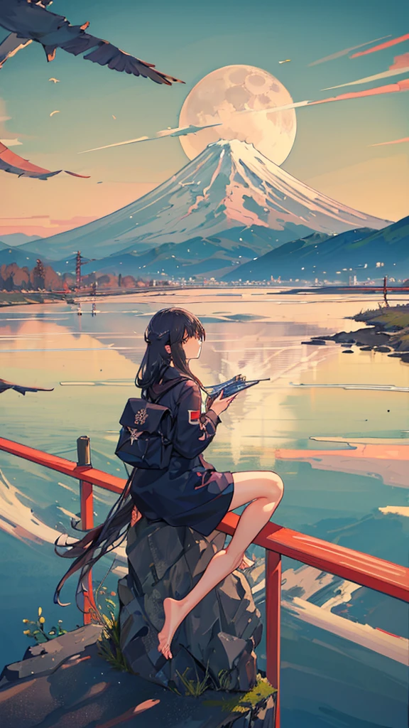 masterpiece, Exquisite detail,Highest quality, One girl, alone, handrail, cloud, buildings,Long Hair, zero, Long sleeve, Power lines, White footwear, Black Hair, Electric pole, bangs, cloudy zero, fish, bird, Green Eyes, Shorts, Day, Black Shirt, barefoot,Pitch black,Buildings,High quality anime art style,Standing painting,Splash ink background,Blue Themes,Clear Face,Distinct facial features,Fuji Mountain,Fuji Mountain,Buildings in Tokyo,Looking at me,View from behind,sitting in water,Bright sky,Daytime,Looking straight ahead,Future City,train,Railroad crossing,morning,A train running on the tracks,the sun and the moon