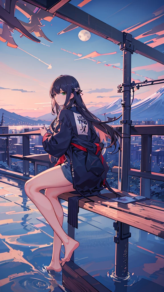 masterpiece, Exquisite detail,Highest quality, One girl, alone, handrail, cloud, buildings,Long Hair, zero, Long sleeve, Power lines, White footwear, Black Hair, Electric pole, bangs, cloudy zero, fish, bird, Green Eyes, Shorts, Day, Black Shirt, barefoot,Pitch black,Buildings,High quality anime art style,Standing painting,Splash ink background,Blue Themes,Clear Face,Distinct facial features,Fuji Mountain,Fuji Mountain,Buildings in Tokyo,Looking at me,View from behind,sitting in water,Bright sky,Daytime,Looking straight ahead,Future City,train,Railroad crossing,morning,A train running on the tracks,the sun and the moon