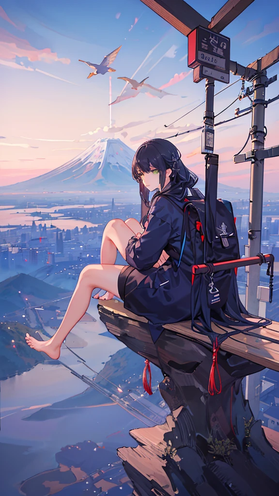 masterpiece, Exquisite detail,Highest quality, One girl, alone, handrail, cloud, buildings,Long Hair, zero, Long sleeve, Power lines, White footwear, Black Hair, Electric pole, bangs, cloudy zero, fish, bird, Green Eyes, Shorts, Day, Black Shirt, barefoot,Pitch black,Buildings,High quality anime art style，Standing painting，Splash ink background,Blue Themes,Clear Face,Distinct facial features,Fuji Mountain,Fuji Mountain,Buildings in Tokyo,Looking at me,View from behind,sitting in water,Bright sky,Daytime,Looking straight ahead,Future City,train,Railroad crossing,morning,A train running on the tracks,the sun and the moon