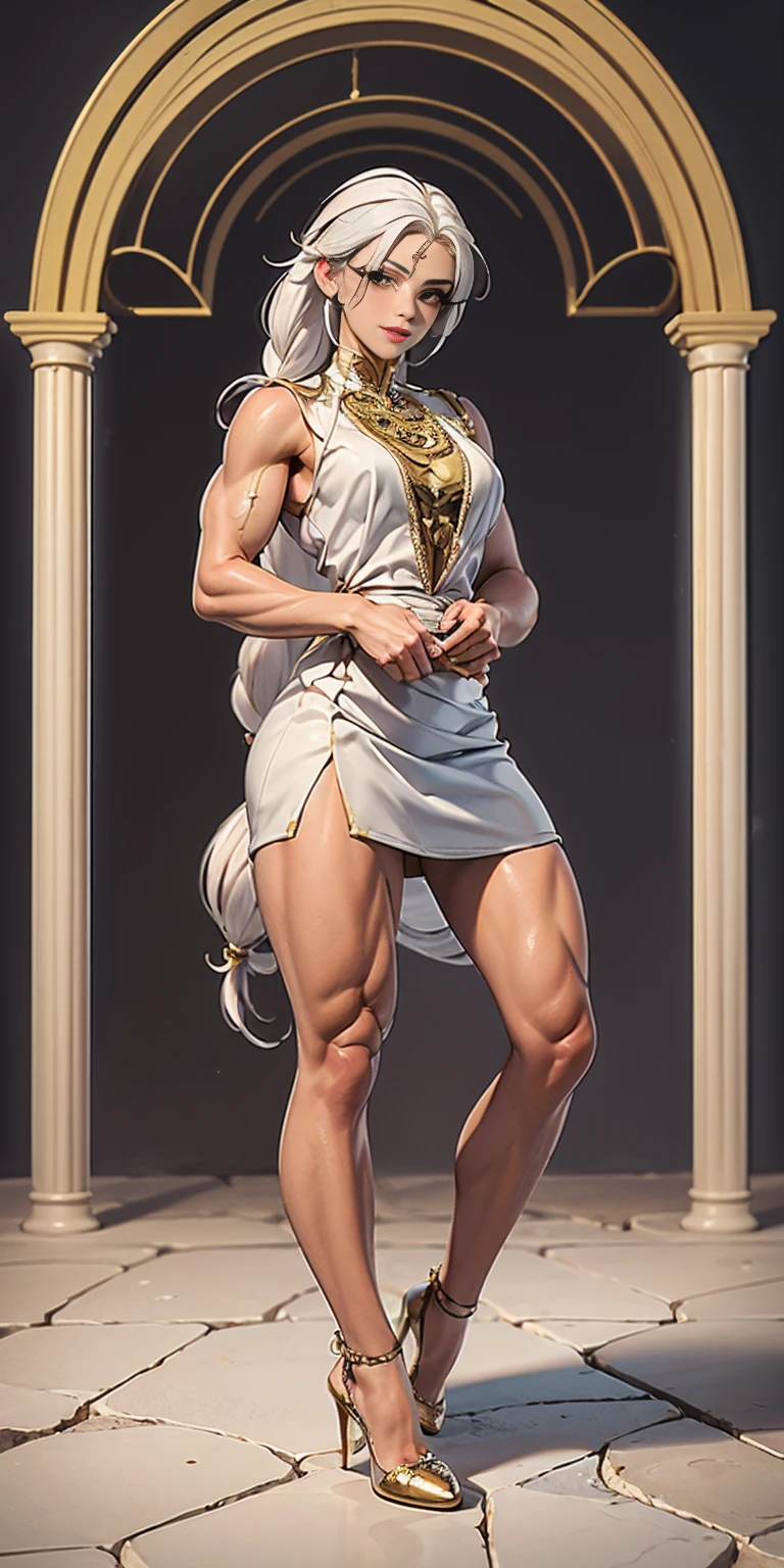 (masterpiece, best quality), intricate details, 1girl, Bridesmaid Muscular full body woman White hair White braid Motherly body smile Porcelain skin Red heels with feet together Long hair Hands on waist Navel Strong abs Direct look Perfect lighting Masterpiece High quality (good hands, best hands)