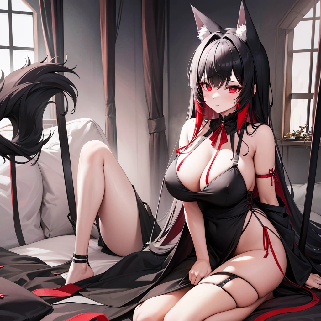 Female wolf alone without anyone together, wears a short black maid dress showing her panties, has long black fuzzy hair with red highlights, has red eyes, has big breasts, has wolf ears and a wolf tail.