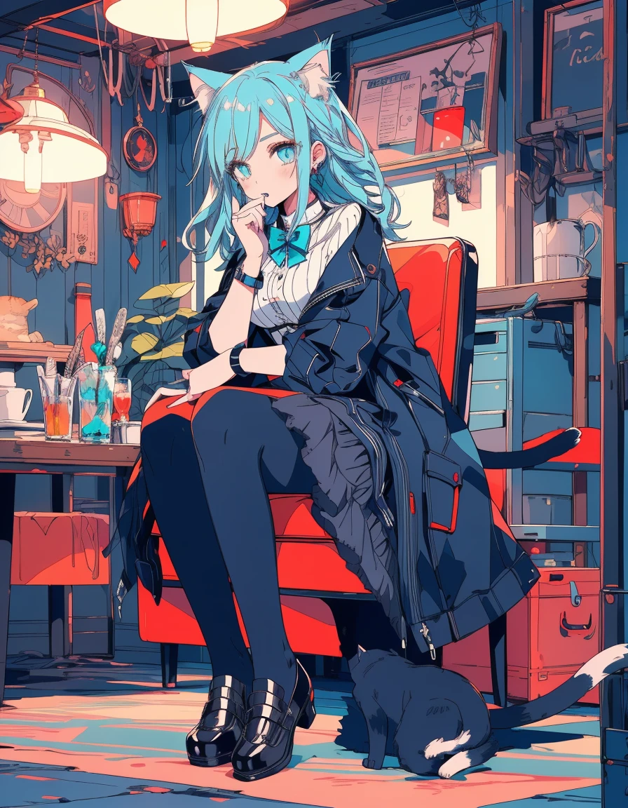 cyber punk, midnight, full body, ((masterpiece, best quality:1.5)), ((Beautiful detailed cat aqua eyes:1.2)), cat ears, pale skin, medium breasts, beautiful hands, beautiful fingers, EasyNegative