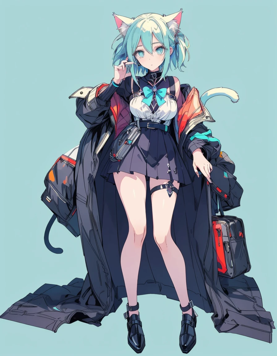 cyber punk, midnight, full body, ((masterpiece, best quality:1.5)), ((Beautiful detailed cat aqua eyes:1.2)), cat ears, pale skin, medium breasts, beautiful hands, beautiful fingers, EasyNegative