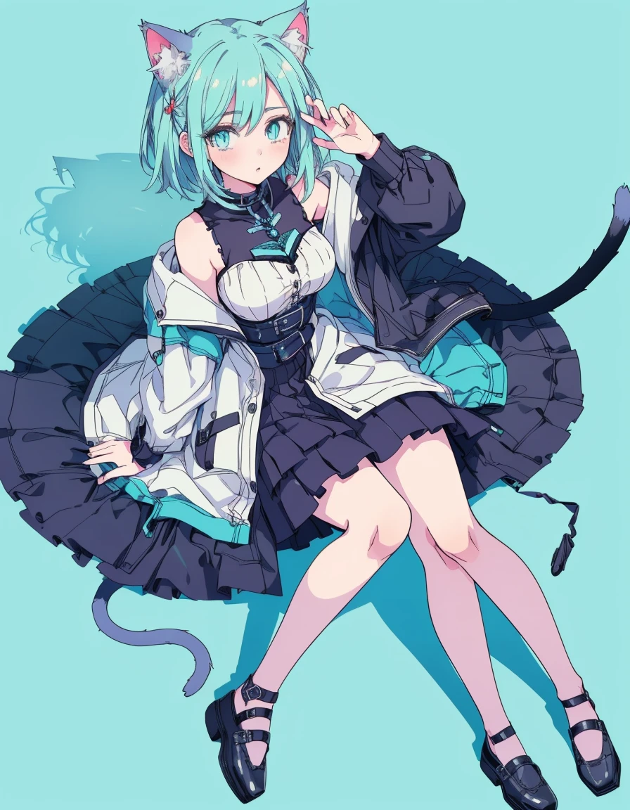 cyber punk, midnight, full body, ((masterpiece, best quality:1.5)), ((Beautiful detailed cat aqua eyes:1.2)), cat ears, pale skin, medium breasts, beautiful hands, beautiful fingers, EasyNegative
