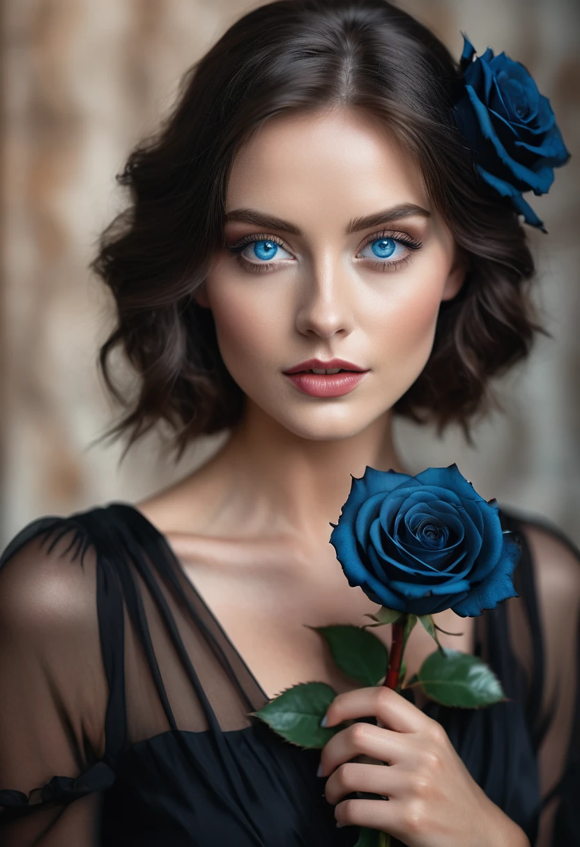 a woman with blue eyes, flawless skin, half body shot, holding a black rose, whimsical photography style, captured with an Arriflex 35BL camera using Canon K25 prime lenses, cinematic, dramatic lighting, ultra clear, breathtaking surreal masterpiece.